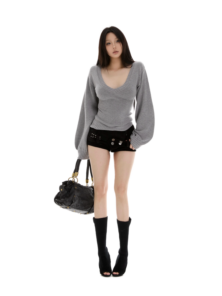 Streetwear Sweater Women Fashion Sexy V Neck Knitted Pullovers Y2K Lantern Long Sleeve Knitwears Spring Autumn Jumpers Top