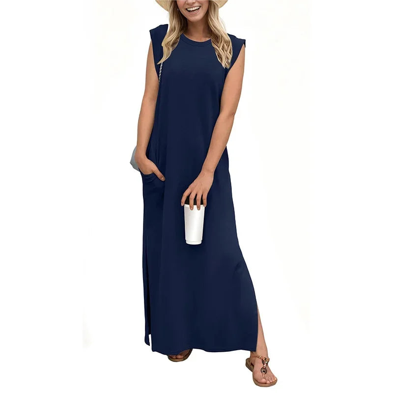 Casual Maxi Dress For Women Summer Loose Sleeveless Long Dresses Elegant Lady O Neck Solid Color Boho Beach Sundress Vestidos
