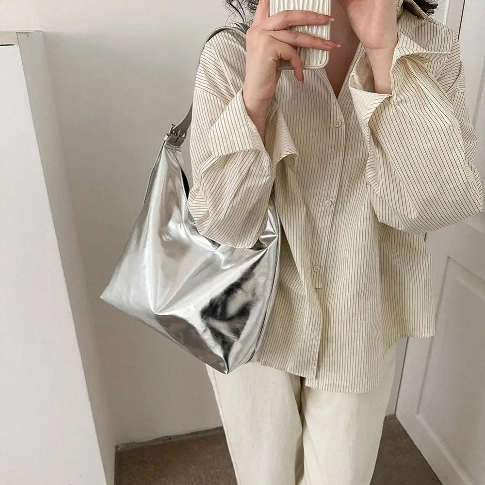 PU Top-Handle Handbag Luxury Designer Bag for Women Fashion Shopping Bag High Capacity Silver Gold Casual Leather Tote Bag