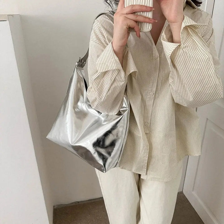 PU Top-Handle Handbag Luxury Designer Bag for Women Fashion Shopping Bag High Capacity Silver Gold Casual Leather Tote Bag