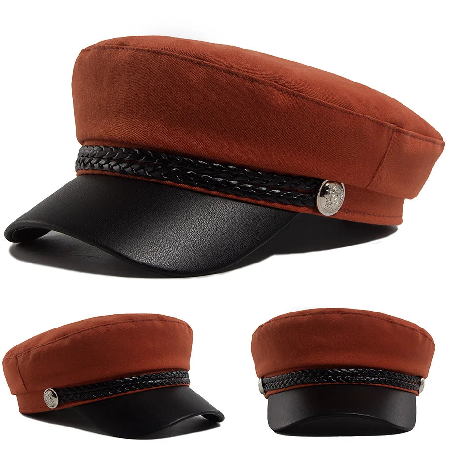 Flat Top Newsboy Cap Streetwear Women Vintage Sailor Cap Daily Wear British Style Cadet Cap PU Leather Brim Peaked Beret Travel