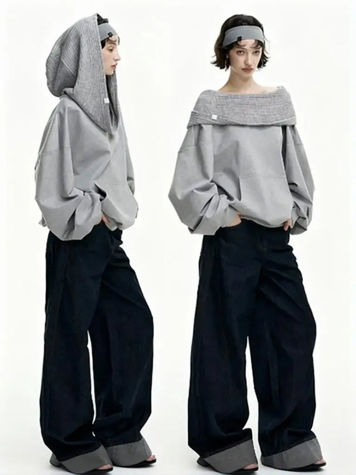 Autumn Knitwear Hooded Casual Oversize Pullovers Women Dual-wear Designer Fashion Off Shoulder Sweater Spring Loose Outwear