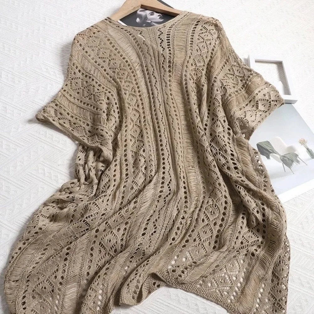 Oversized Hollow Out Swimsuit Cover Up Crochet Sweater Loose Knitted Bikini Cover Up Fishing Net V-neck Beach Wear Streetwear