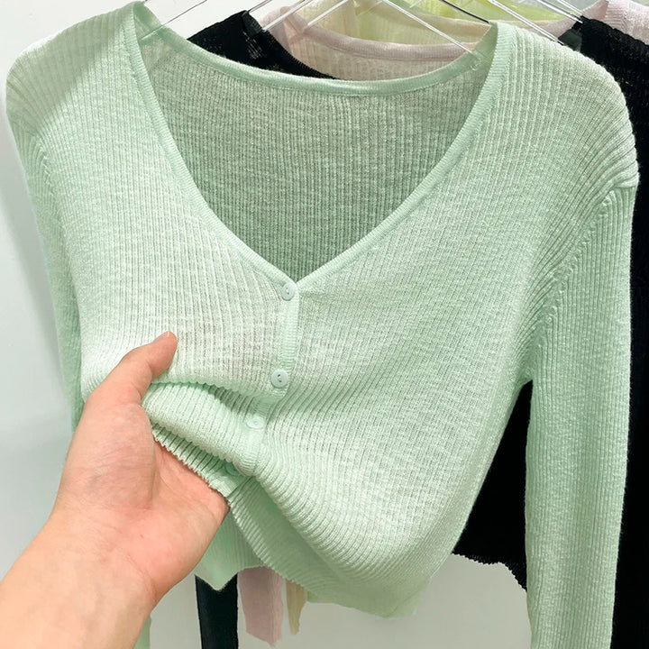 Women Outerwear Air Conditioner Shawl Single-breasted Short Tops 2026 Summer Blue V-Neck Thin Sunscreen Knit Cardigan
