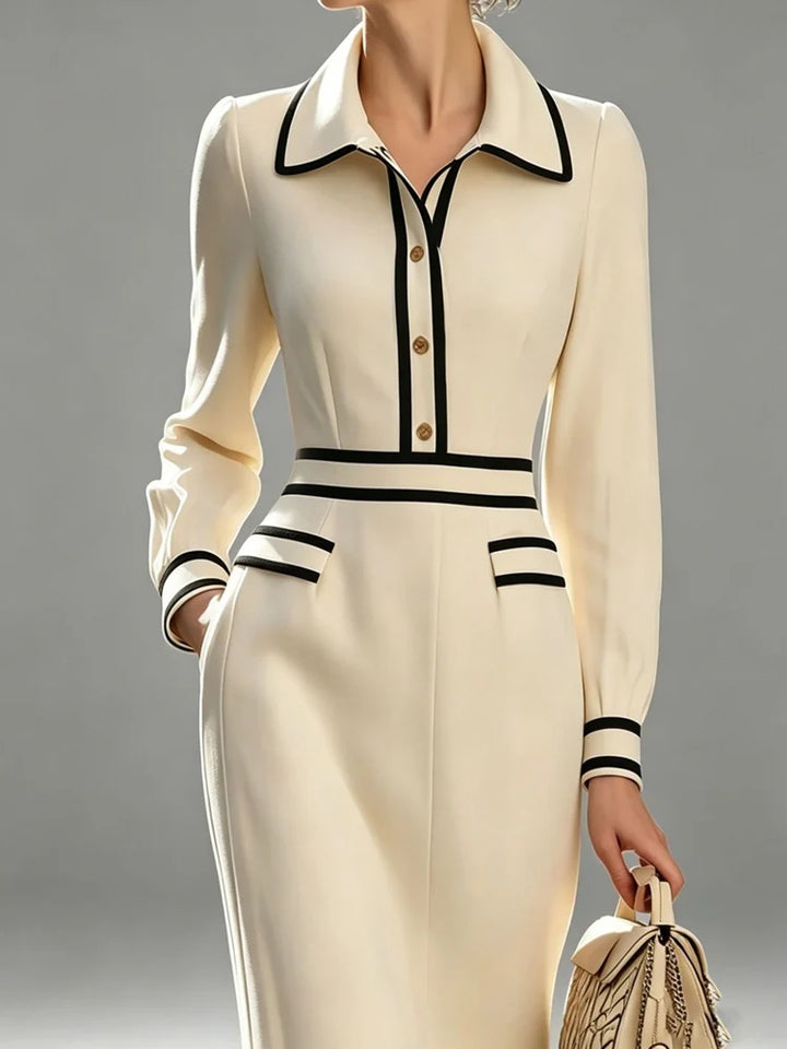 Fall Long Sleeve Party Dress Sexy Contrast Color Turn-down Collar Office Dress Women Casual Button High Waist Slim Bodycon Dress