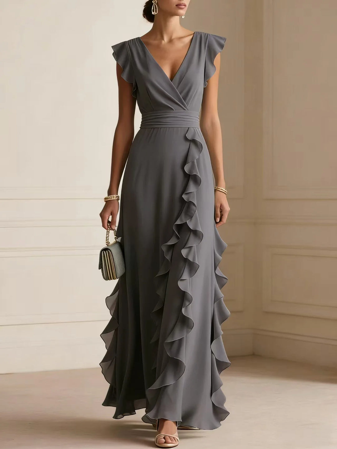 Women V Neck Ruffle Maxi Dress Sleeveless Chiffon Long Dress Wedding Guest Evening Party Formal Dress