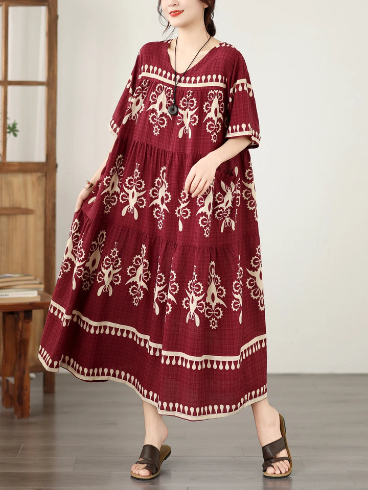 Loose Fit Floral Print Maxi Dress Ethnic Style Women&