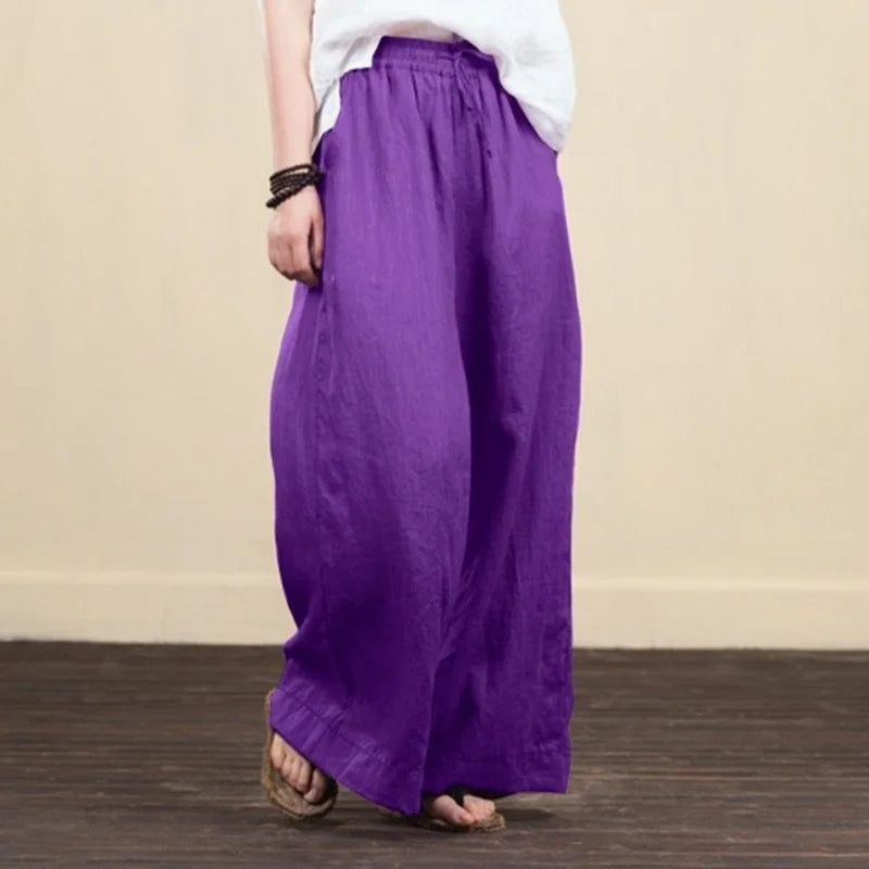 Women Wide Leg Pants Solid Loose Length Pants Cotton Linen Elastic Waist Casual Pants Vintage Mid Waist Pants 5XL