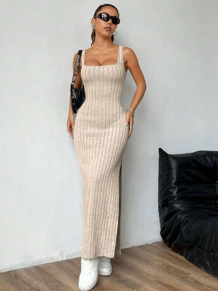 Women Ribbed Knit Maxi Dress Sleeveless Twist Back Cutout High Split Bodycon Long Dress