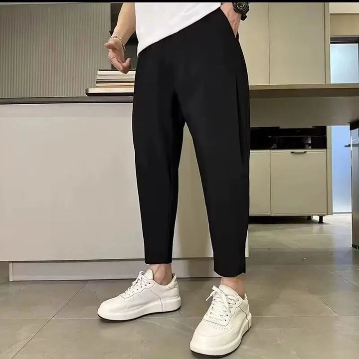 Mens Black Cropped Tapered Pants Elastic Waist Pocket Casual Slim Fit Trousers