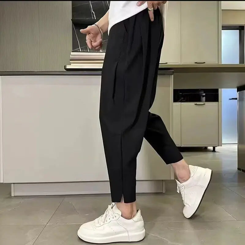 Mens Black Cropped Tapered Pants Elastic Waist Pocket Casual Slim Fit Trousers