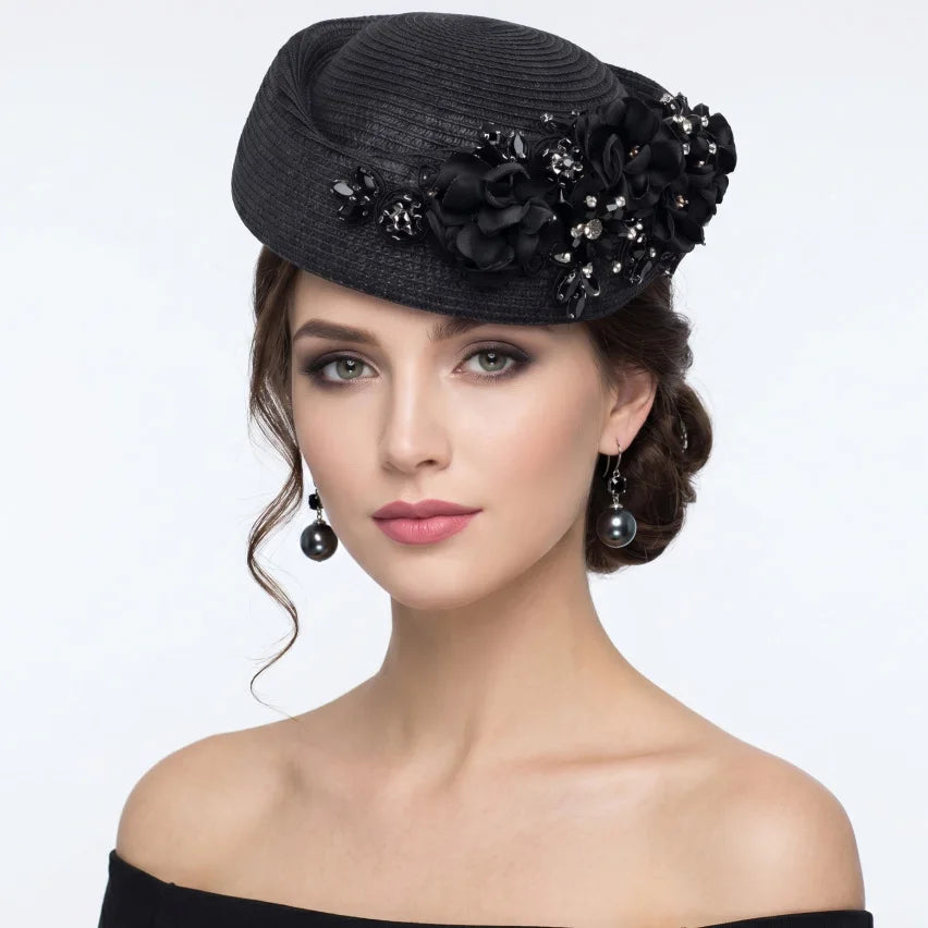 2026 Spring Summer Woven Straw Beret Cap Elegant Rhinestone Applique Fedora Cap Headwear French ‌Elegant Ladies Stewardess Hat‌