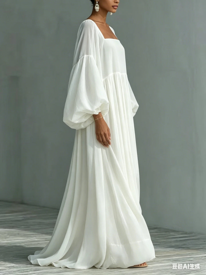 White Elegant Flowy Maxi Dress Woman Sexy Square Collar High Waist Bohemian Long Dresses Spring Lantern Sleeve Loose Party Gowns