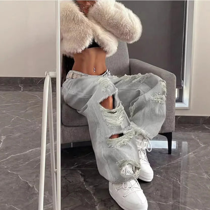Women Jeans Pants American High Street Ripped Straight Wide-Leg Jeans For Women Design Tie-Dye Jazz Dance Cargo Full Thin Jeans