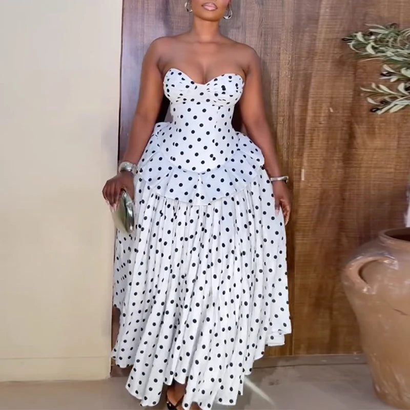 Fashion Hight Waist Summer Maxi Dress Vintage Polka Dot Ruffle Trim Long Dress  Women Sexy Sleeveless Lace Up Swing Party Dress