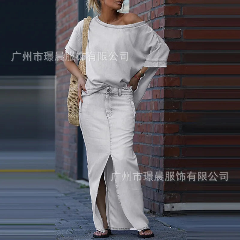 Summer Maxi Skirt Sets Women 2025 Fashion Long Sleeve Loose Tees Tops 2 Pieces Set For Woman Elegant