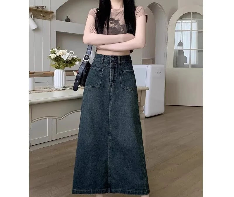 Split Denim Midi Skirt for Women New Plus Size A-line High Waist Long Skirt with Crotch Covering