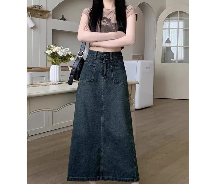 Split Denim Midi Skirt for Women New Plus Size A-line High Waist Long Skirt with Crotch Covering