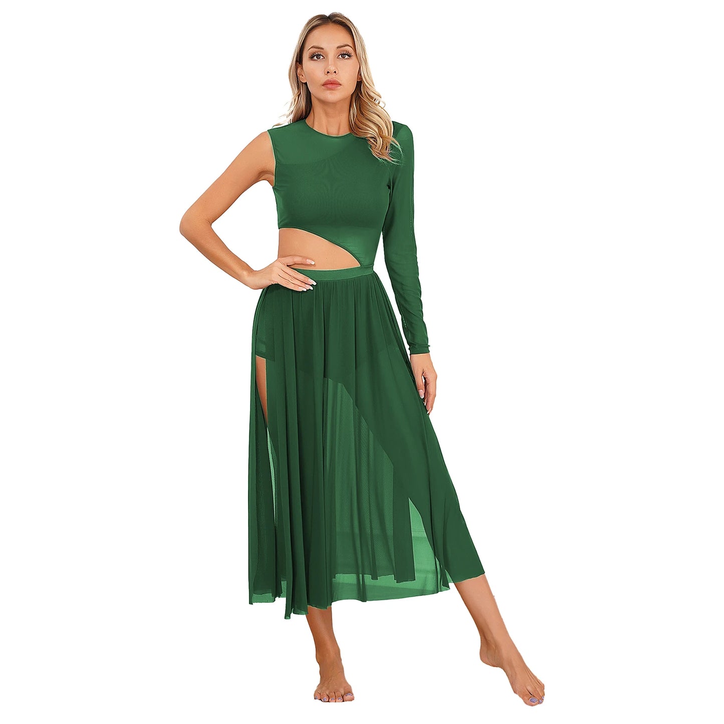 Womens Modern Lyrical Contemporary Dance Costume Cutout Round Neck Dress Side Split Sheer Mesh Dresses Performance Outfits