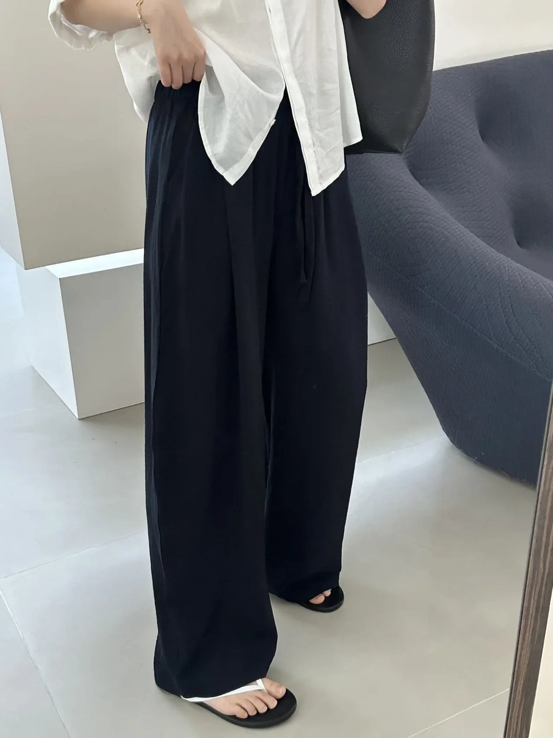 Linen Ice Silk Wide Leg Pants for Women Floor Length Curved Leg Casual with Safety Lining Fully Hemmed Trousers