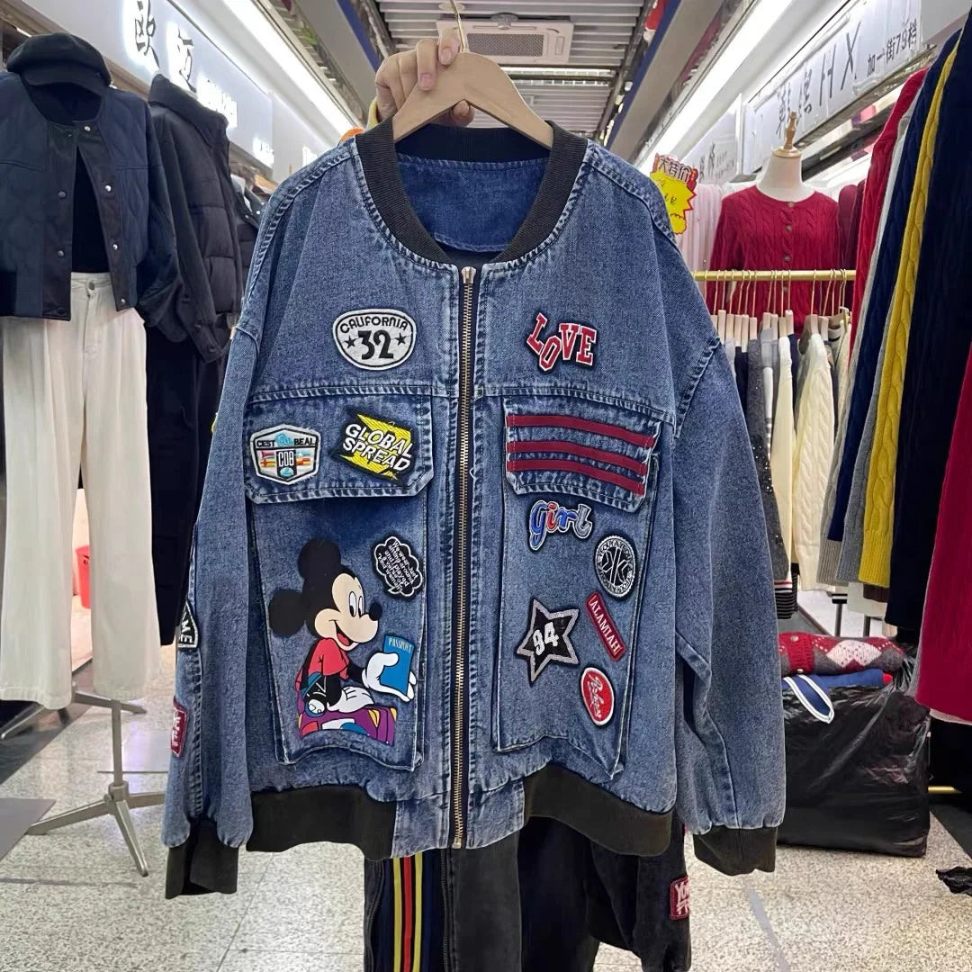 European and American Fashion Brand Outerwear with Cartoon Print Embroidery and Patchwork, Fashionable Loose Jacket 2026