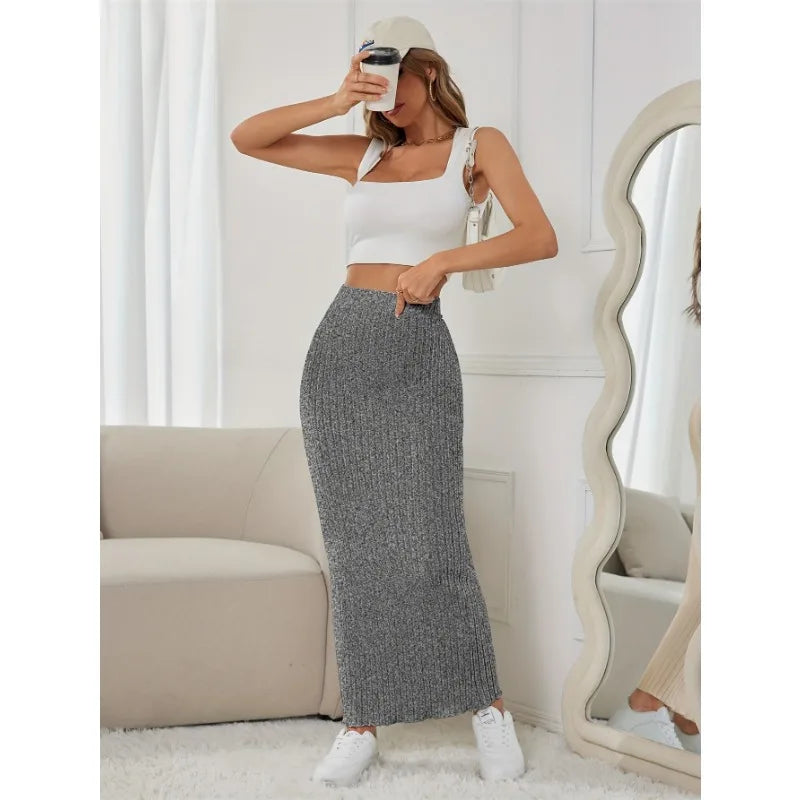 Women Elastic Waist Ribbed Midi Skirt Fashion Casual High Waist Bodycon Long Skirt