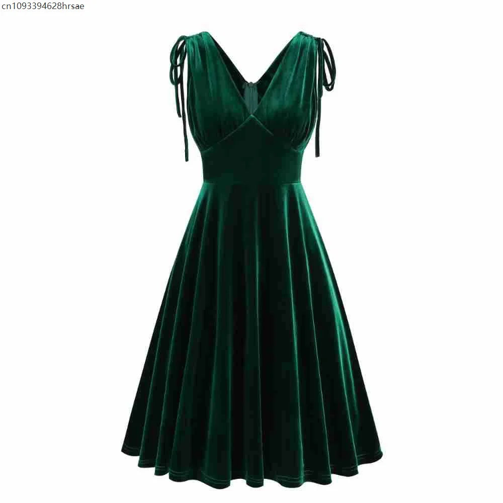 Women Vintage Velvet Dress Pleated Sleeveless Bow Drawstring Waist Dresses Elegant V Neck Solid Evening Gowns Retro Party Outfit