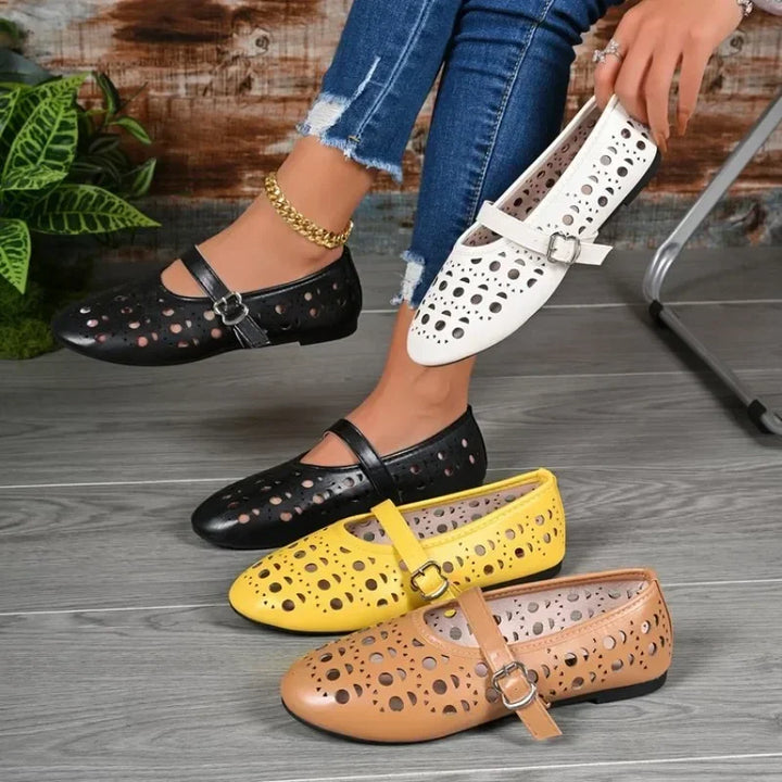 Women Hollow Out Mary Jane Flats Summer Breathable Flat Shoes Buckle Strap Soft Non Slip Sole Daily Walking Ladies Casual Shoes