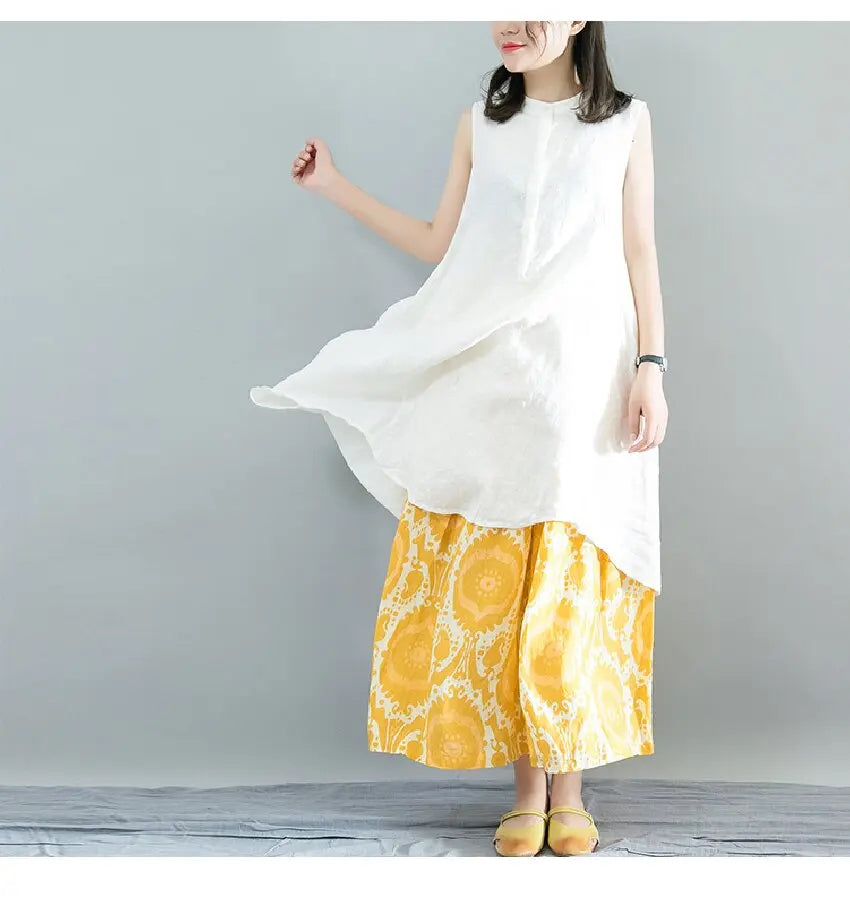Printed Loose Linen Wide-Leg Pants for Women, Cropped Pants with Elastic Waist, Casual Versatile Skirt Pants, Yellow