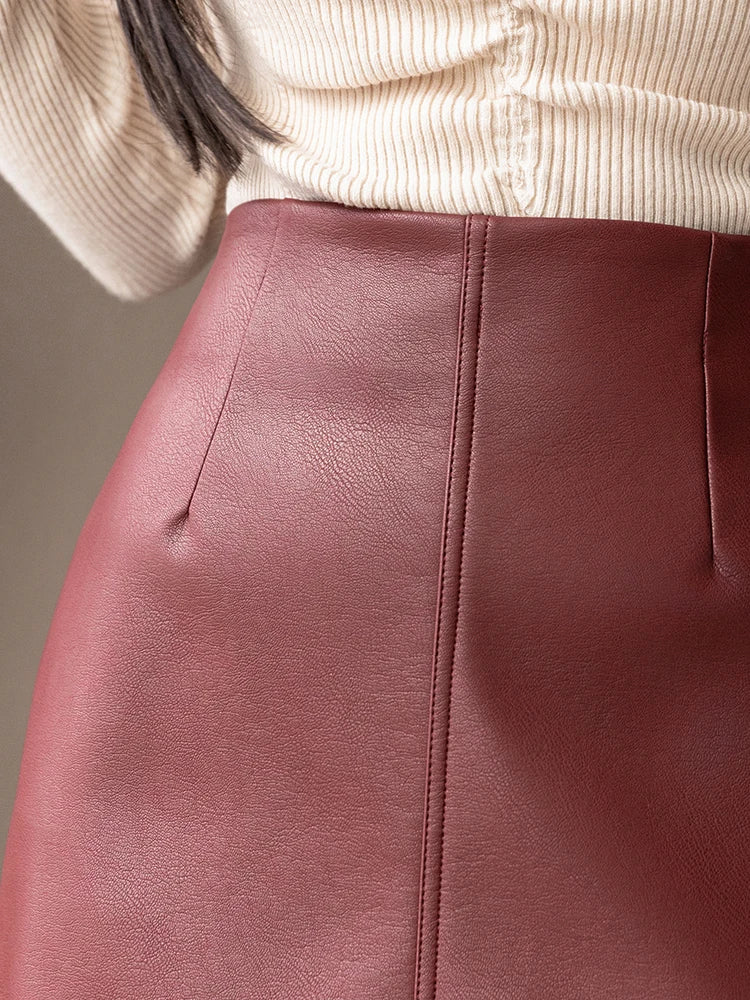 Vintage PU Leather OL Pencil Short Skirts Women High Waist Knee Length Skirts Black Wine Red Slim-Fit Split Bodycon Skirts 2024