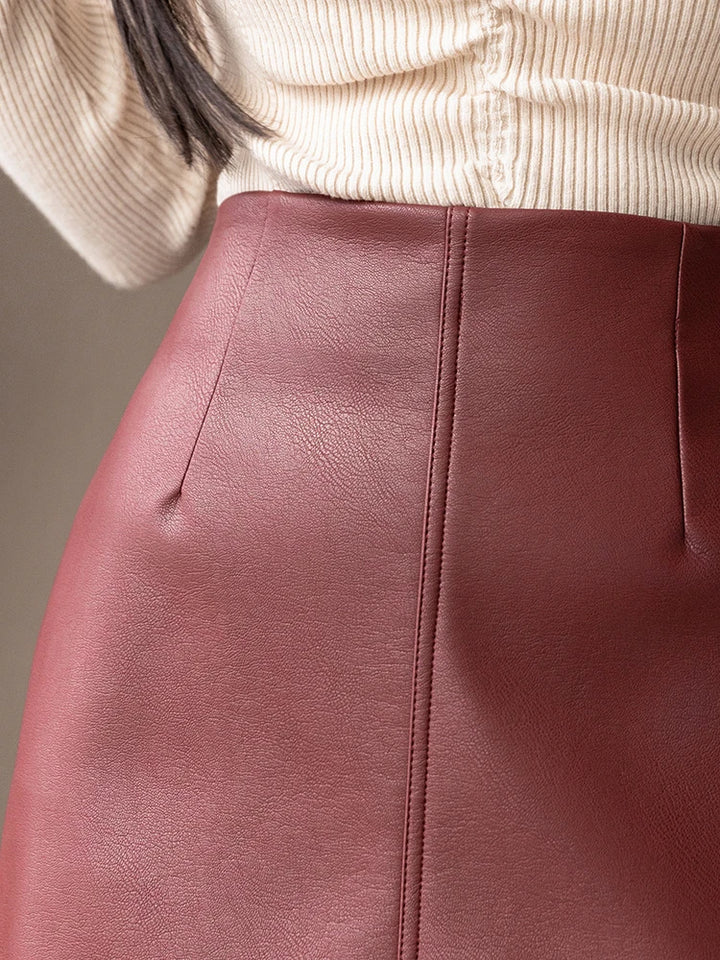 Vintage PU Leather OL Pencil Short Skirts Women High Waist Knee Length Skirts Black Wine Red Slim-Fit Split Bodycon Skirts 2024