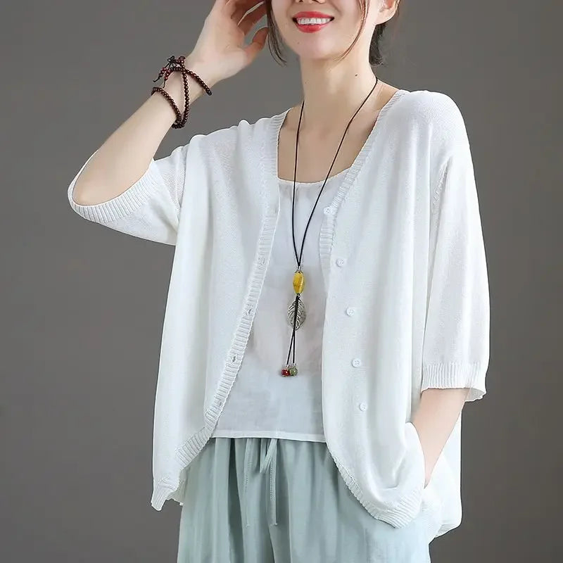 Knitted Sweater Woman Outerwear V Neck Summer Thin Solid Cardigan for Women 2025 Trending Fashion Lightweight Harajuku Aesthetic