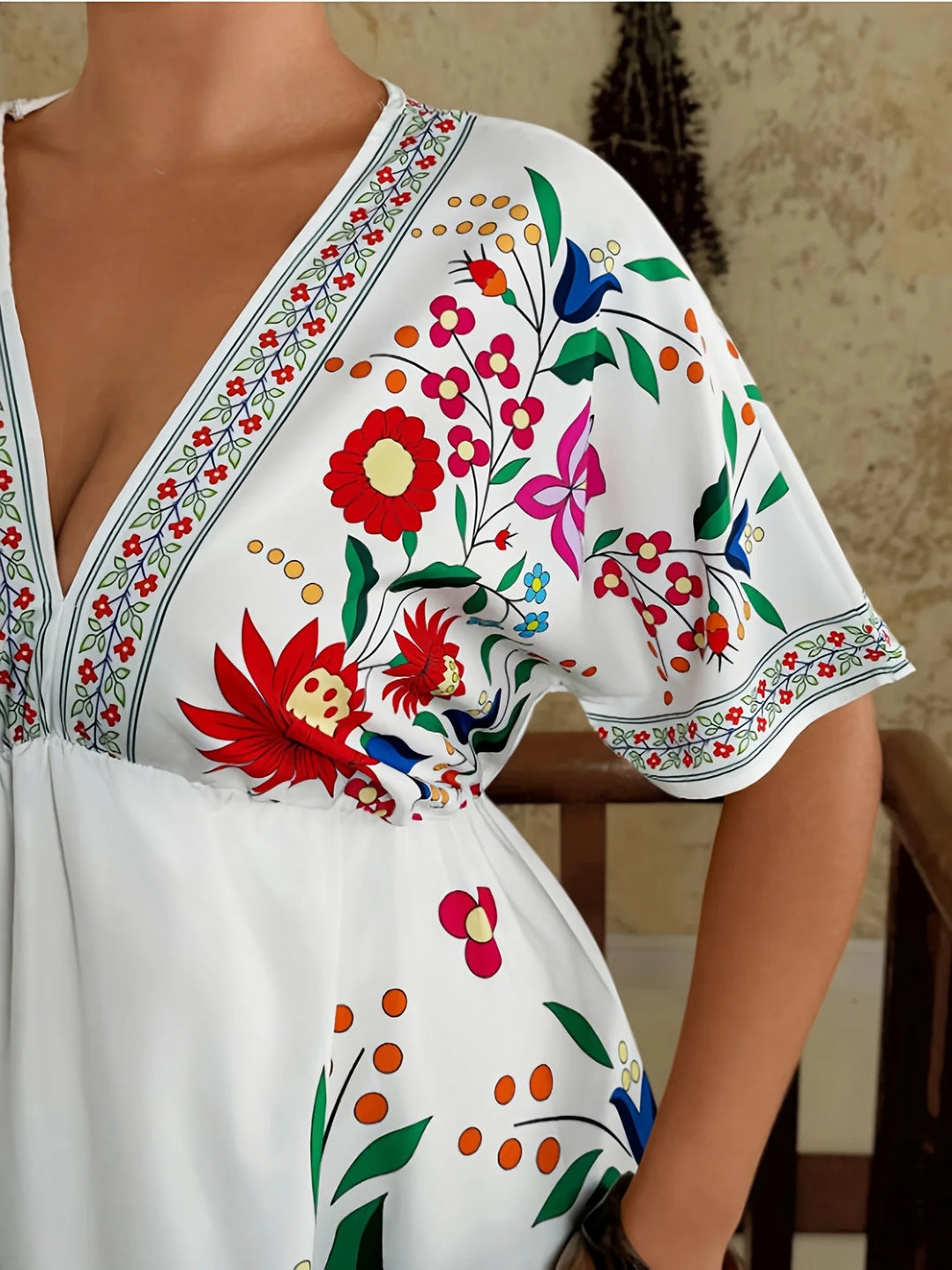 Elegant Bohemian Maxi Dress V-Neck Floral Print Spring Summer Women&