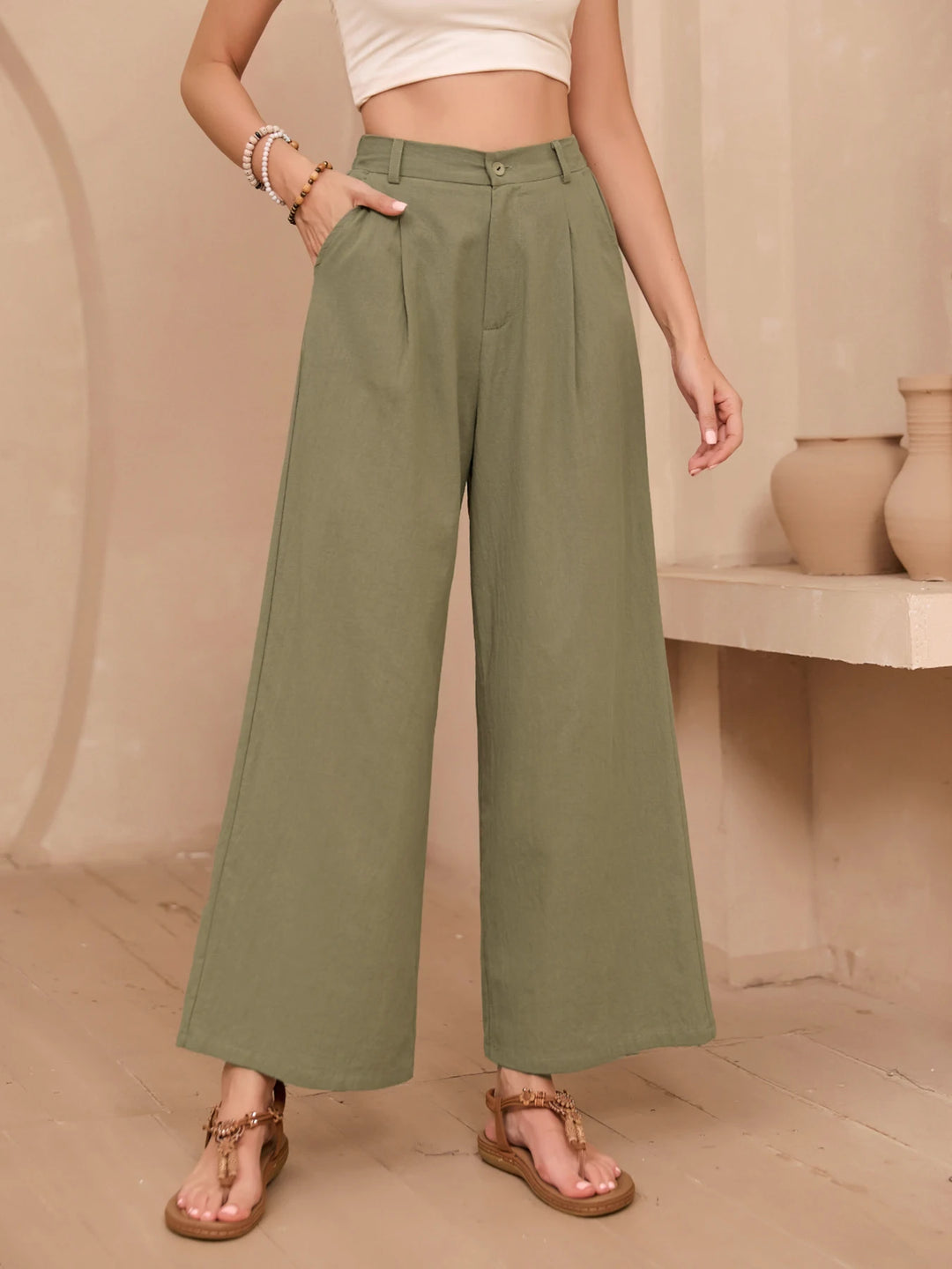 Elegant Solid Color Linen Wide Leg Pants for Women High Waist Drapey Casual Summer Loose Slimming Long Trousers Spring Autumn