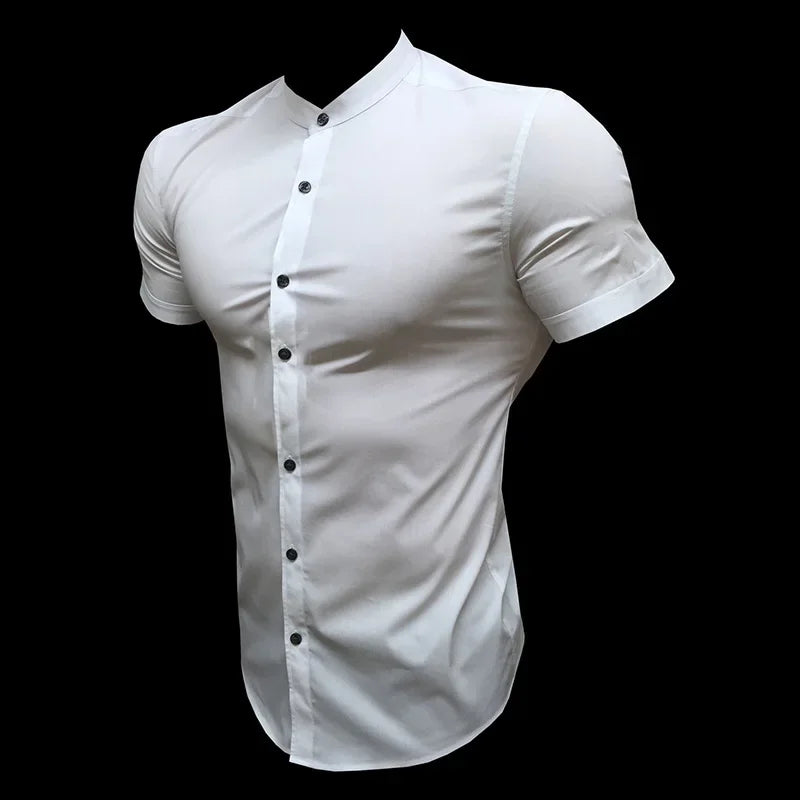 Mens Short Sleeve Shirt Summer Plain Slim Fit Dress Shirts Fitness Men Gym Clothing Fashion Casual Social Stand Business Shirts