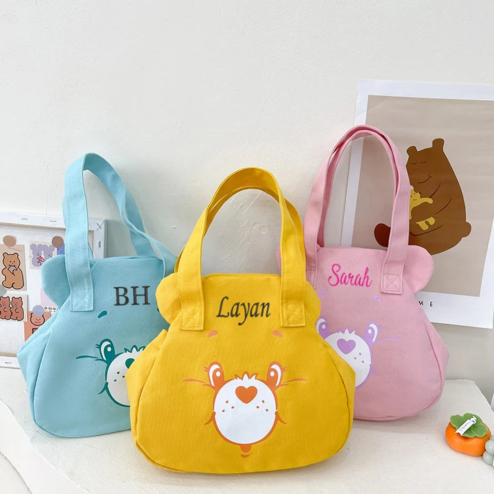 Personalised Tote Bag for Women, Girls Student Custom Your Name Canvas Shoulder Bag, Cute Bear Crossbody Hand Bags, Casual Tote