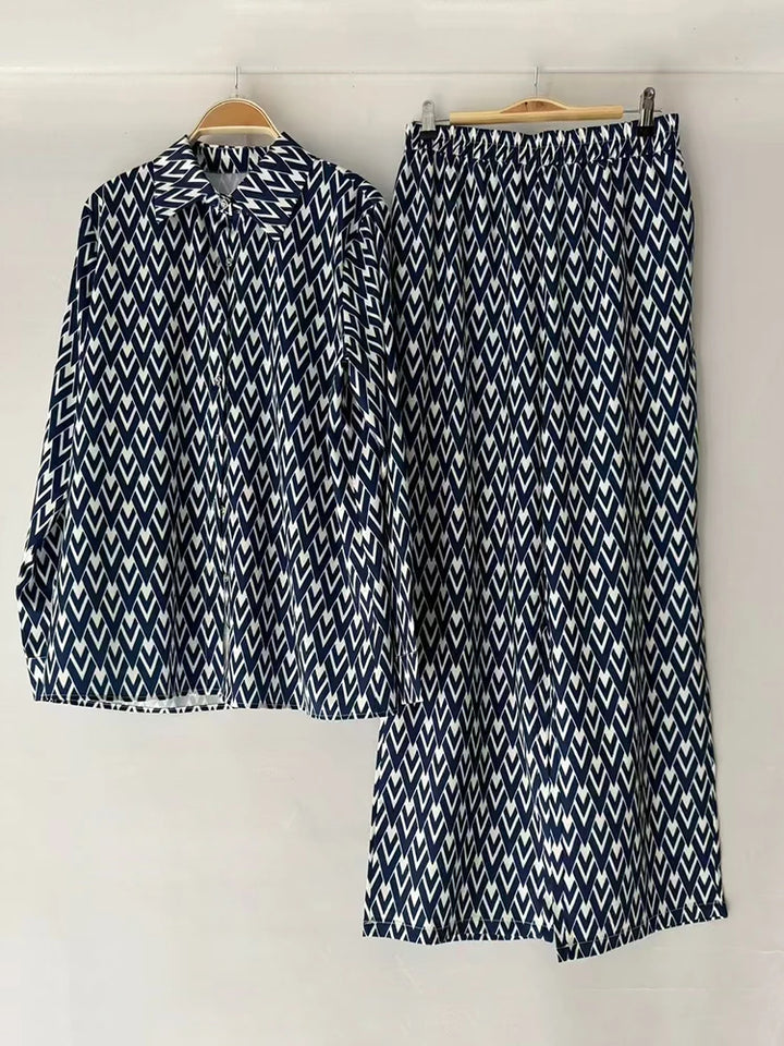 Retro geometric print lapel straight leg shirt two-piece set for 2026 spring women&