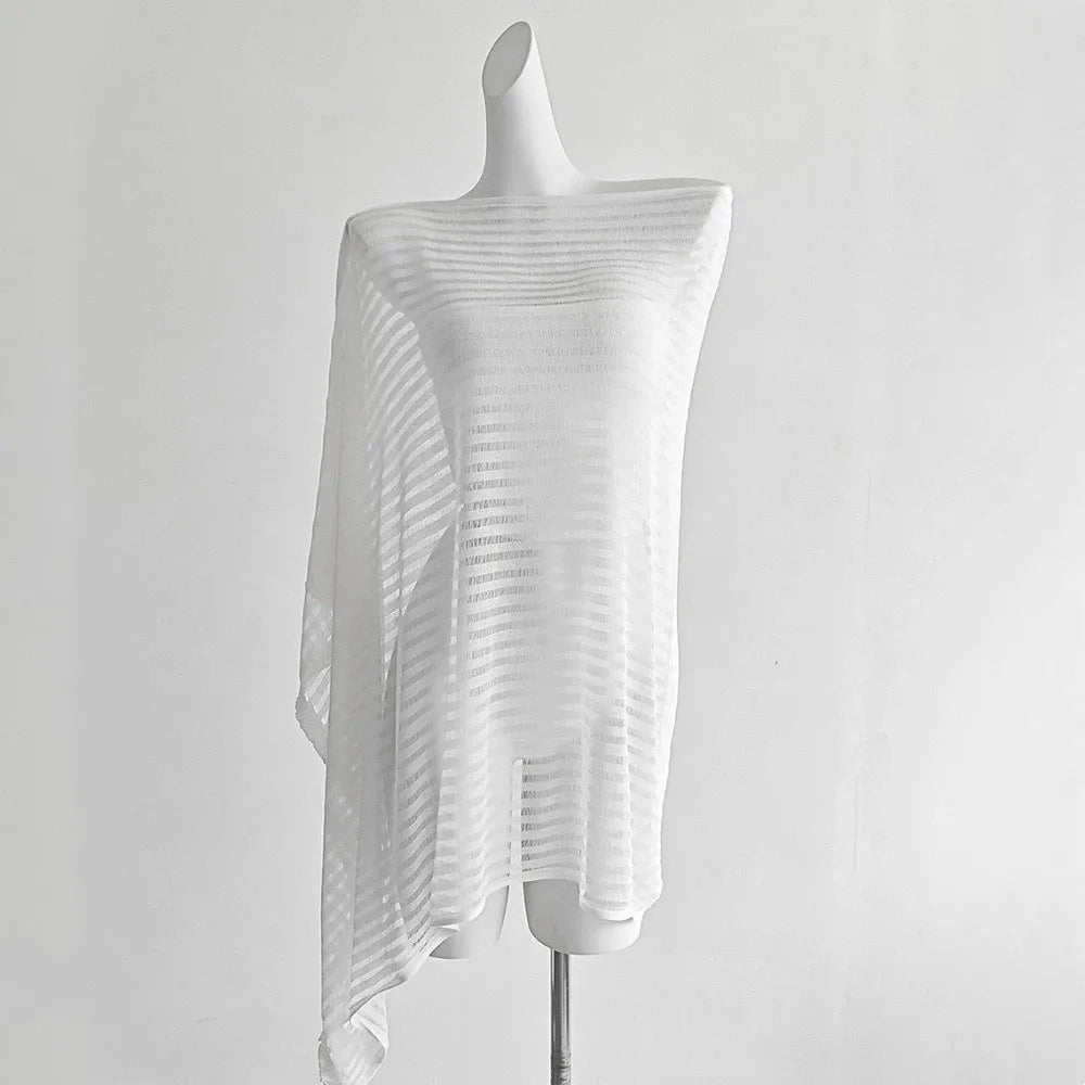Stripe Patchwork Crochet Hollow Top Transparent Thin Sunscreen Cover Up Loose Irregular Beach Cloak Summer