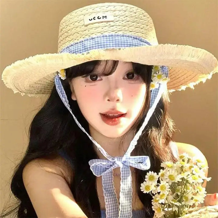Wide-brimmed Straw Hat Women Beach Sun Hat Fashionable Sun Protection Floral Lace Bow Breathable Summer Hat for Vacation