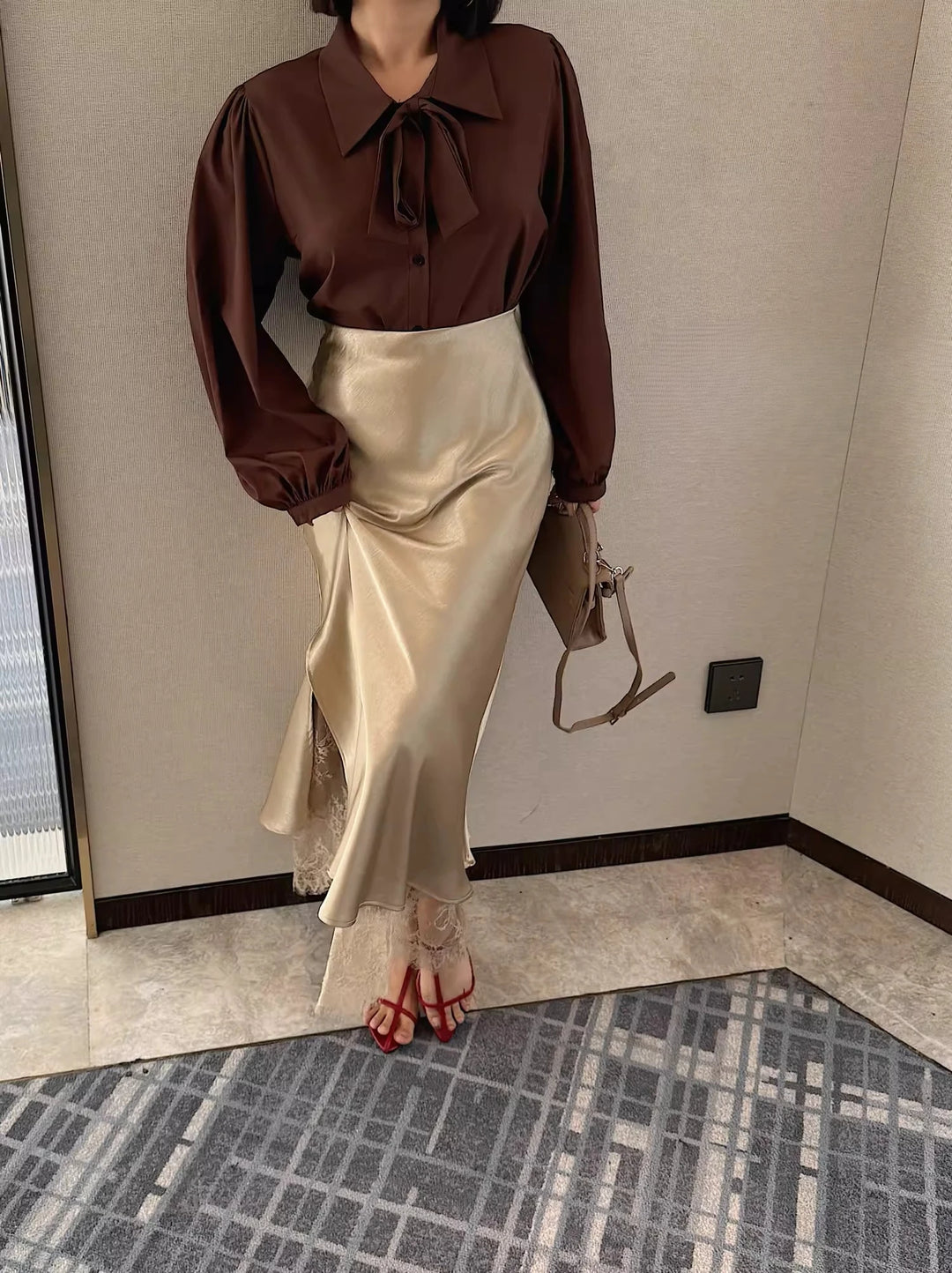 Women Satin Midi Skirt with Lace Trim High Waist Slip Elegant Silky Long Skirt Casual Daily, Dating, Office Outfits
