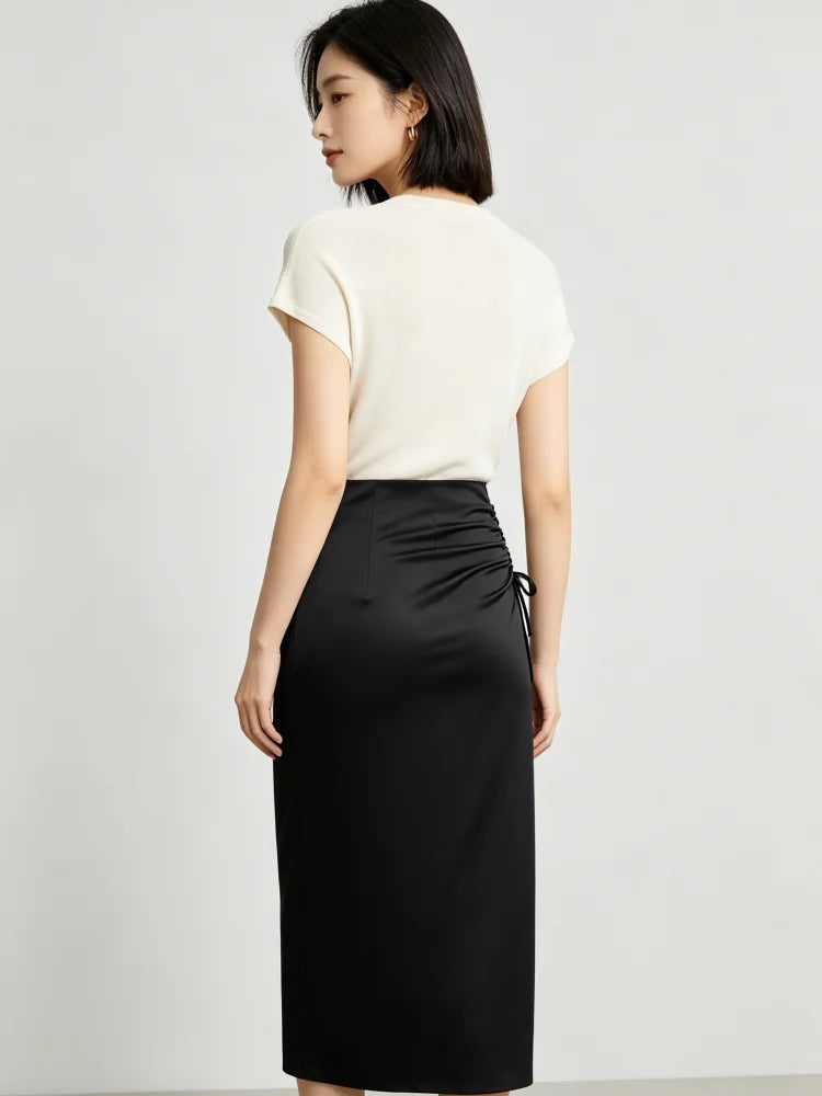 Women Midi Skirt Black Satin High Waist Ruched Drawstring Slim Pencil Skirt Elegant Office Party Casual Skirts