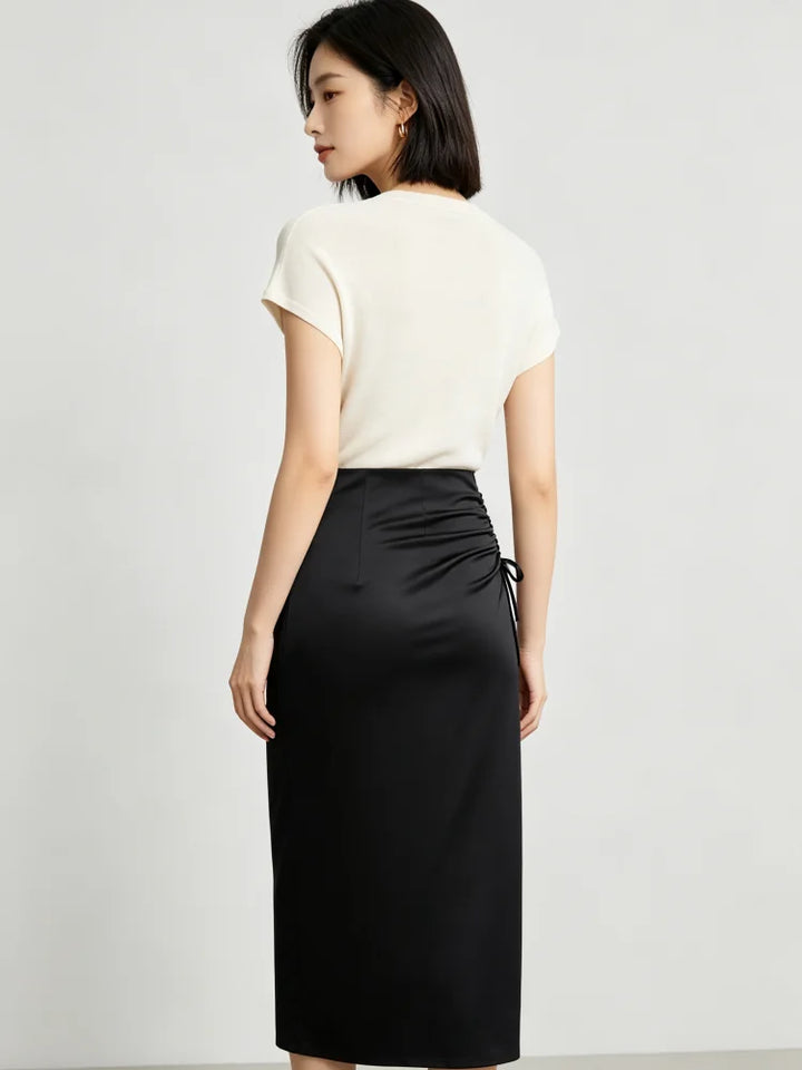 Women Midi Skirt Black Satin High Waist Ruched Drawstring Slim Pencil Skirt Elegant Office Party Casual Skirts