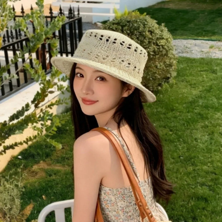 Wide Brim Breathable Straw Hat Lightweight Casual Knitted Flat Top Hat Eco-friendly Versatile Style Hollow Out Hat Summer Beach