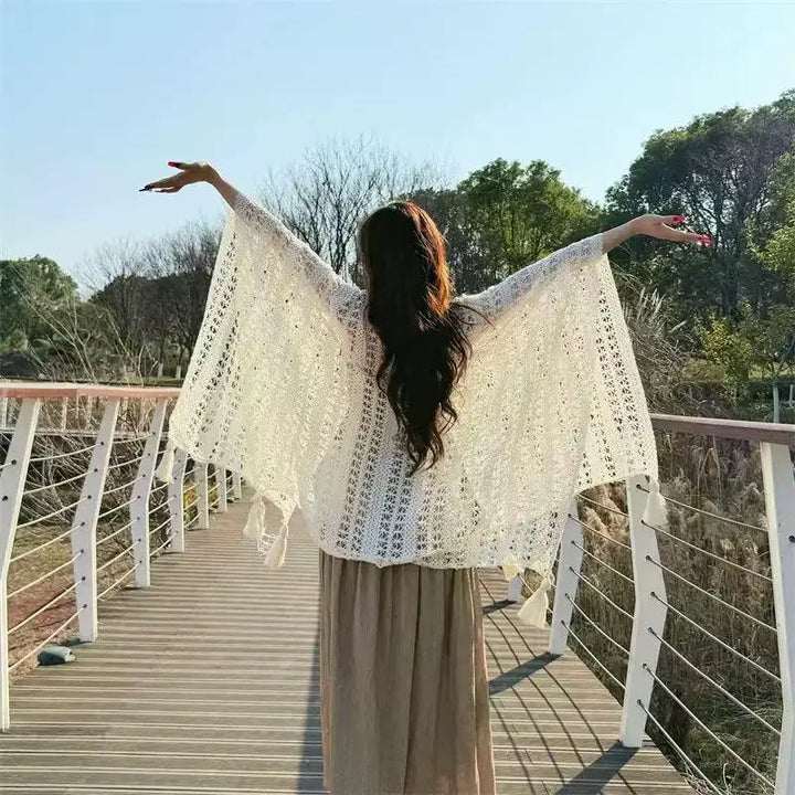 Summer Mesh Lace Beach Cover-Up with Tassels Elegant Sun Protection Shawl for Women