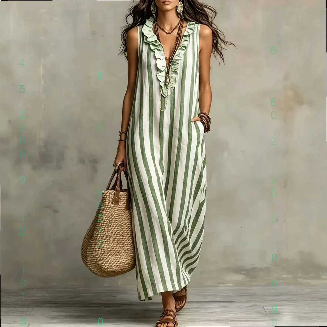 Bohemian Stripe V Neck Linen Maxi Dress Summer Casual Long Dresses