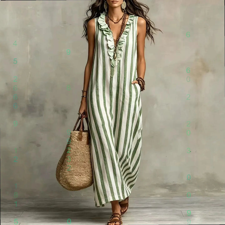 Bohemian Stripe V Neck Linen Maxi Dress Summer Casual Long Dresses