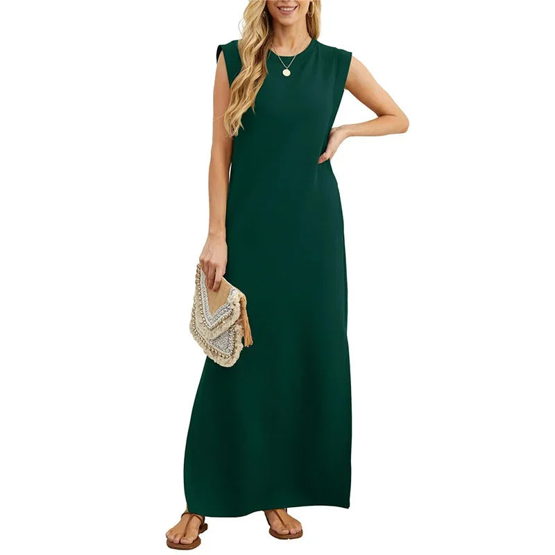 Casual Maxi Dress For Women Summer Loose Sleeveless Long Dresses Elegant Lady O Neck Solid Color Boho Beach Sundress Vestidos