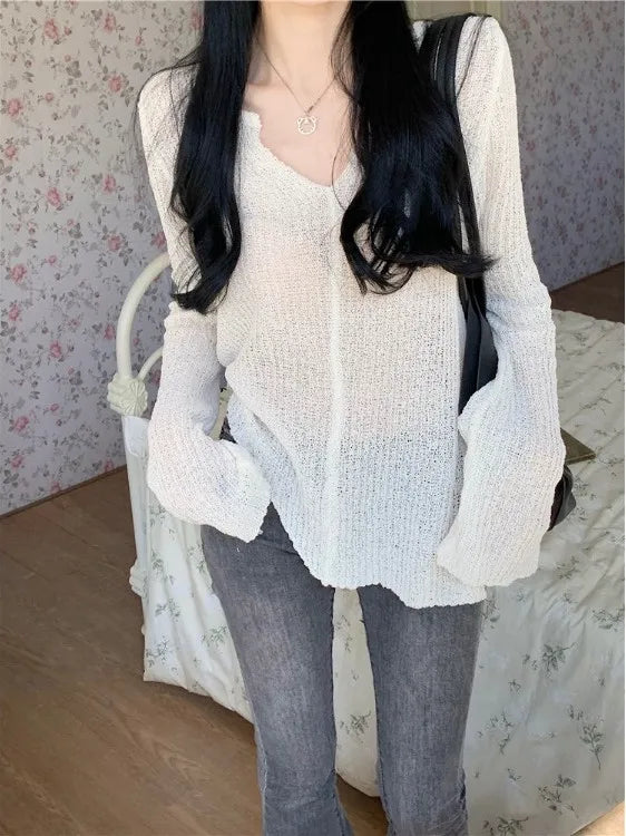 Lightweight V-Neck Knitted Top for Women Spring Summer Loose Fit Sun Protection Yellow Color Commute Style Korean Version