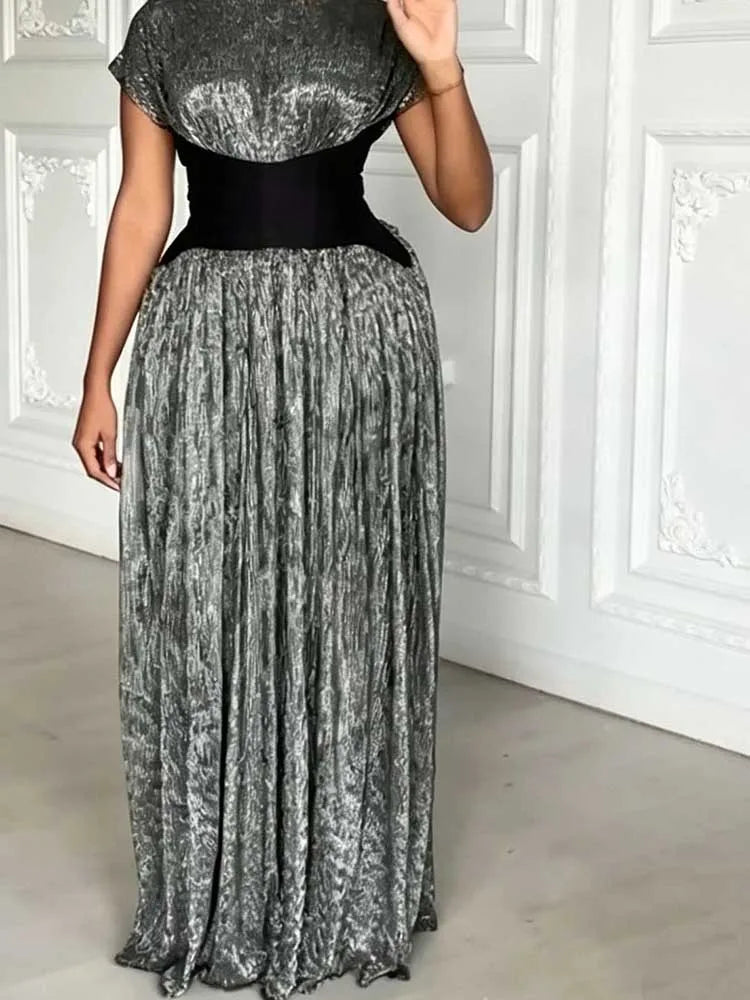 Black Dresses Woman Elegant Short Sleeve Curvy Evening Dress for Party Vintage Chic Long Pleated Dress
