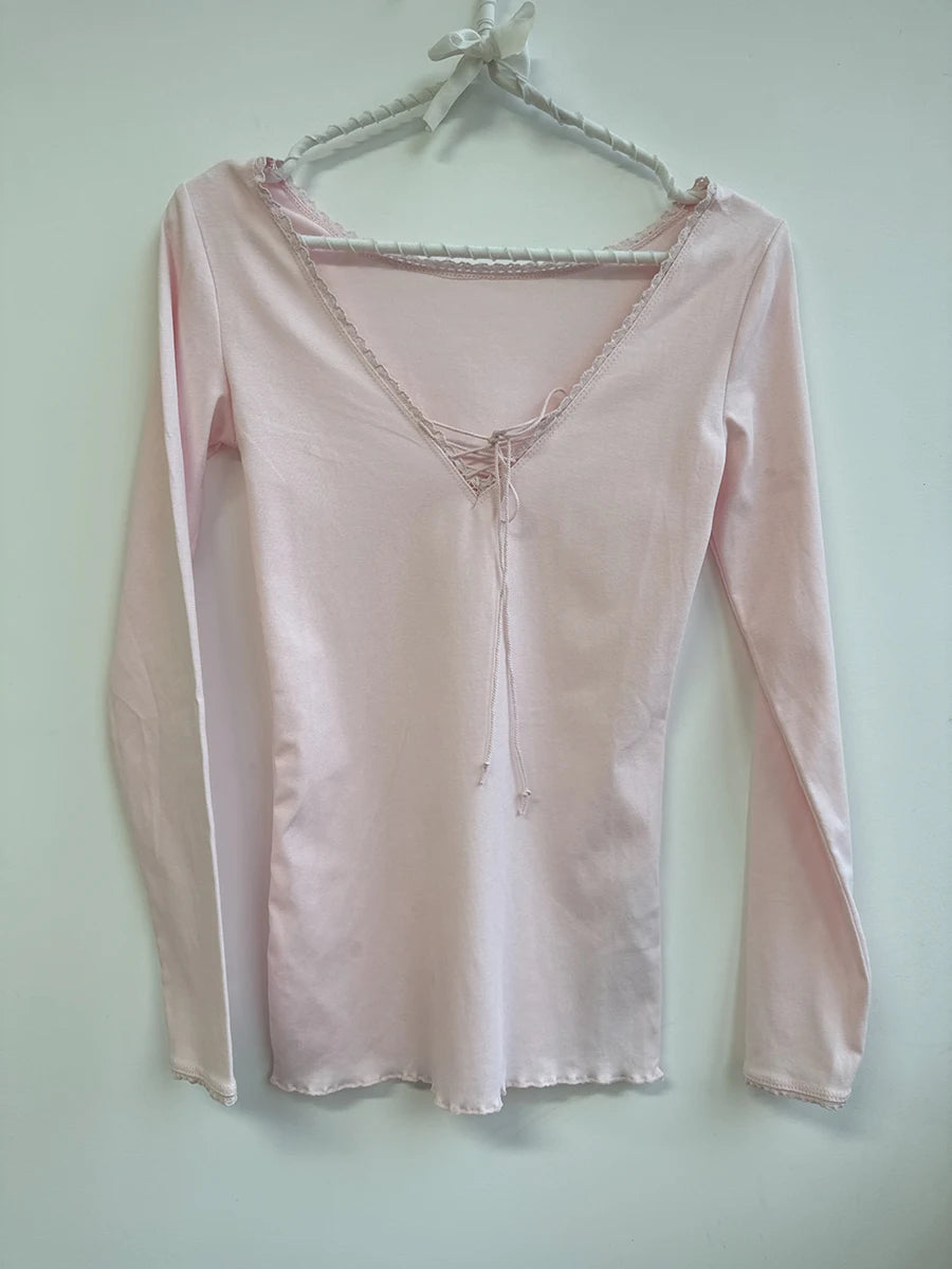 V-neck Lace-up Long Sleeve Tees Women Spring New Streetwear Cotton Slim Lace Trim Tops Sweet Simple Chic Beige T-shirts Y2K